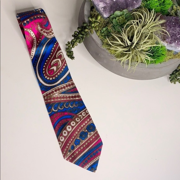 Vintage Silk Paisley Gold Pink Blue Bold Regal Men’s tie bold statement piece - Picture 1 of 6